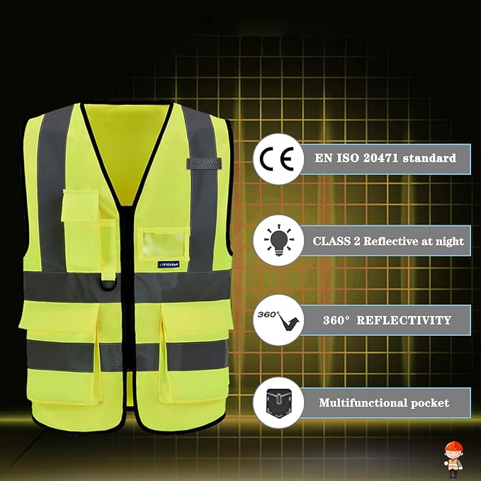 A-SAFETY safety vests | Yellow M Class 2 Polyester work vest with reflective strips and 7 pockets for utility work and road work; 21 color options.