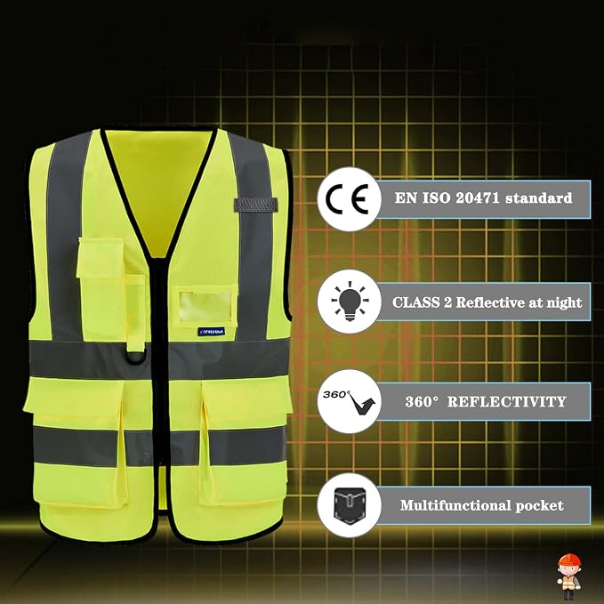 A-SAFETY ANSI/ISEA Standard Class 2 Hi-Vis Vest, Mic Tabs, Zip, Yellow, XL | Yellow XL Class 2 safety vest with 7 pockets, black front zipper and reflective strips for surveying; for men and women.