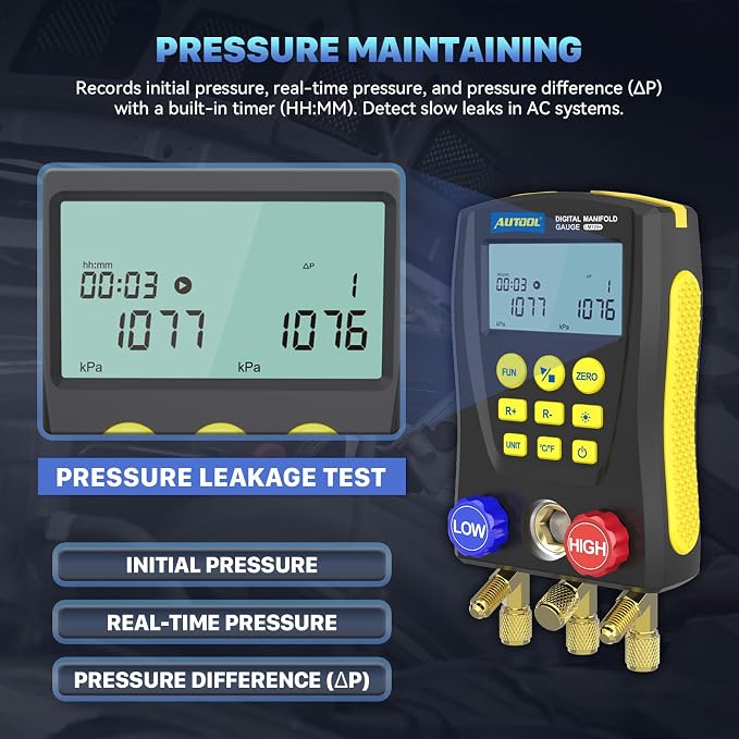 AUTOOL Digital Manifold Gauge HVAC, AC Dual Pressure & Temperature Test, 92 Refrigerant Refrigeration Gauge with Vacuum/Leak Test, LCD Backlight Temp Clamps (LM120)