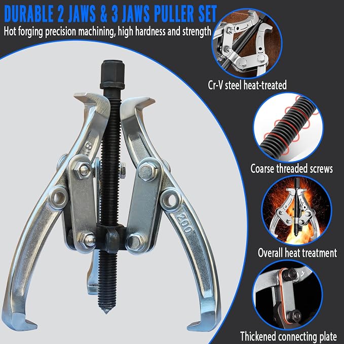 3" 4" 6" 8" Gear Puller Set,2 Jaw & 3 Jaw Bearing Puller Kit with Reversible Jaws,Cr-V Steel Heavy Duty Pulley Puller Tool for Internal External Bearing Gear Pulley Flywheel Removal.