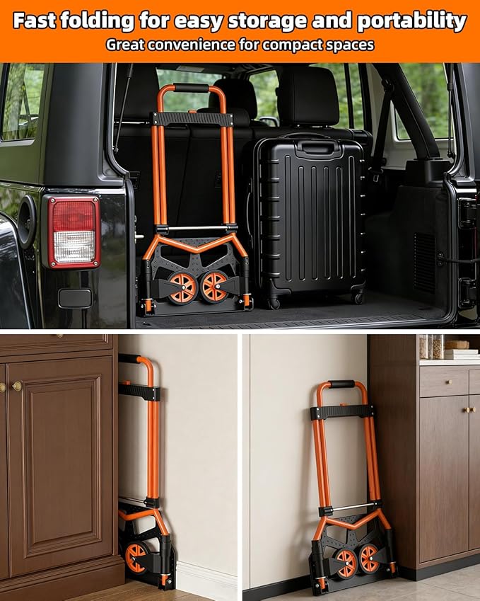 Folding Hand Truck, 180Lbs Capacity, Portable Dolly Cart with 5.9" Wheels and Telescoping Handle, Lightweight Hand Truck Dolly for Dormitory, Home, Office, Food, Shopping, logistics, Warehouse, Orange