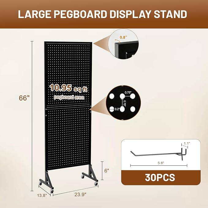 Metal Pegboard Display Stand 66" x 24”, Pegboard Shelf with 30 Hooks, 4 Wheels and 4 Leveling Feet, Peg Board Panels Display Rack for Retail Store, Craft Show, Garage, Jewelry Organizer, Black