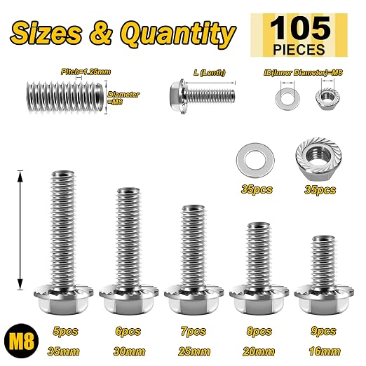 105Pcs M8x1.25 Bolt x 16/20/25/30/35mm Flanged Hex Head M8 Bolt, M8 Screws 304 Stainless Steel Nuts and Bolts Assortment Kit, DIN 6921, Serrated Metric Bolt Assortment by Mywish