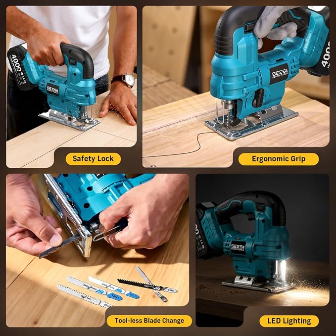 SEESII Cordless Jigsaw and Wood Router Tool for Combo Kit | with Batteries and Charger, Brushless, Aluminum Palm Router, 0-45° Bevel Jig Saw, Adjustable Speed for Cutting & Trimming
