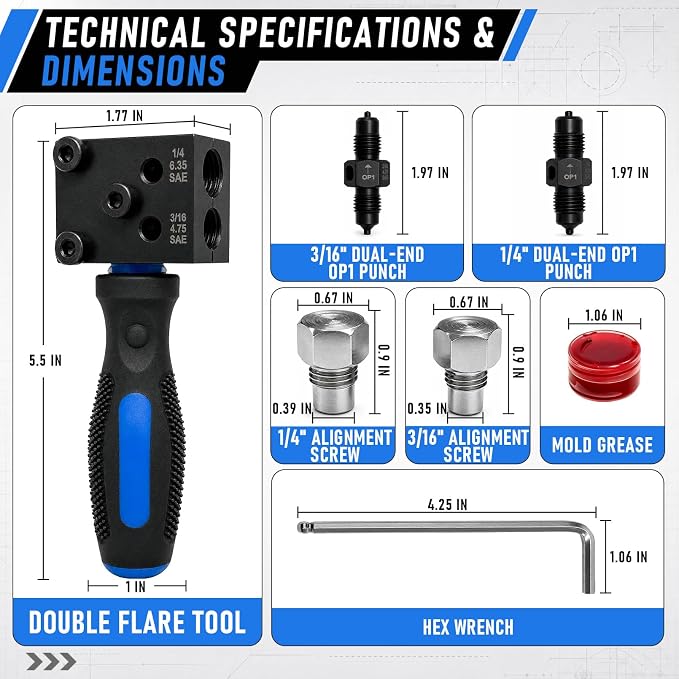 Brake Line Flaring Tool Kit, 45° SAE Single/Double & Bubble Flare Tool | Removable Handle, for 3/16", 1/4" Copper & Aluminum Tubing, for Vehicle Brake and Hydraulic Line Repair