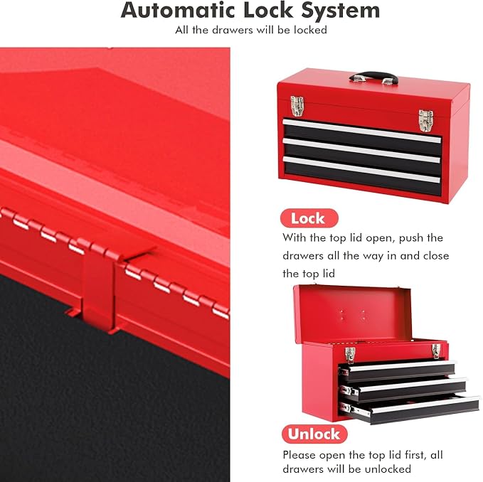 ERGOMASTER Portable Tool Box, Metal Tool Box with 3 Drawers, Lockable Heavy Duty Tool Chest Storage Toolbox for Garage, Workshop(Black+Red)