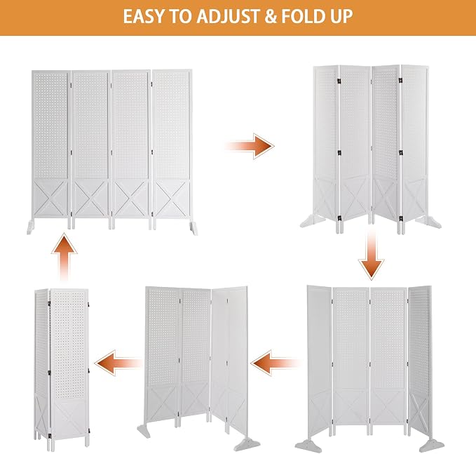 VINGLI Freestanding Pegboard with Support Feet, 5 FT Wood Room Divider Display Board Organizer, Folding Privacy Screen Partition Space Separator for Craft Shows Events Retail (White, 4 Panel)
