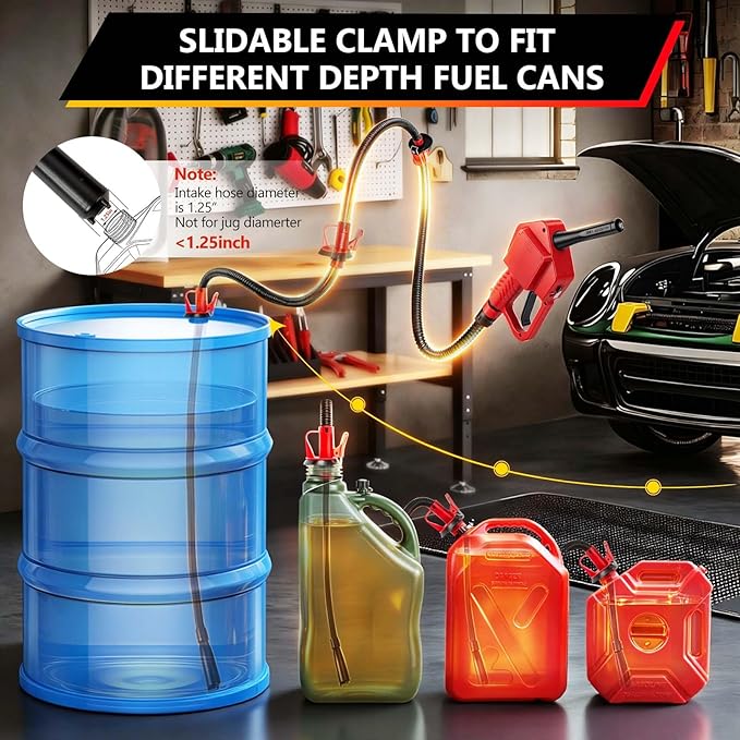 Portable Fuel Transfer Pump with Auto-Stop & Hand Nozzle, 80'' Pumping lift,fit different gas barrel sizes and depths, no adapters needed,3.8GMP, mulitiple power supply,for Gasoline, Diesel, Kerosene