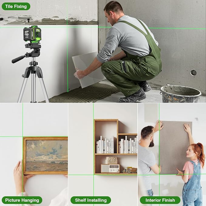 Laser Level with Tripod, Alloyman 4x360° Self Leveling Laser Level, Green Line Laser 4D Laser Leveler Tool with 2Pcs Lithium Batteries for Picture Hanging, Tile, Home Renovation, Indoor(Green)