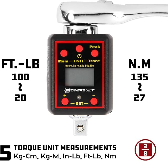 Powerbuilt Digital Torque Socket Adapter, 3/8 Inch Drive Ratchet to Torque Wrench Converter, LCD Display Screen, Five Units of Measure - Red 940963