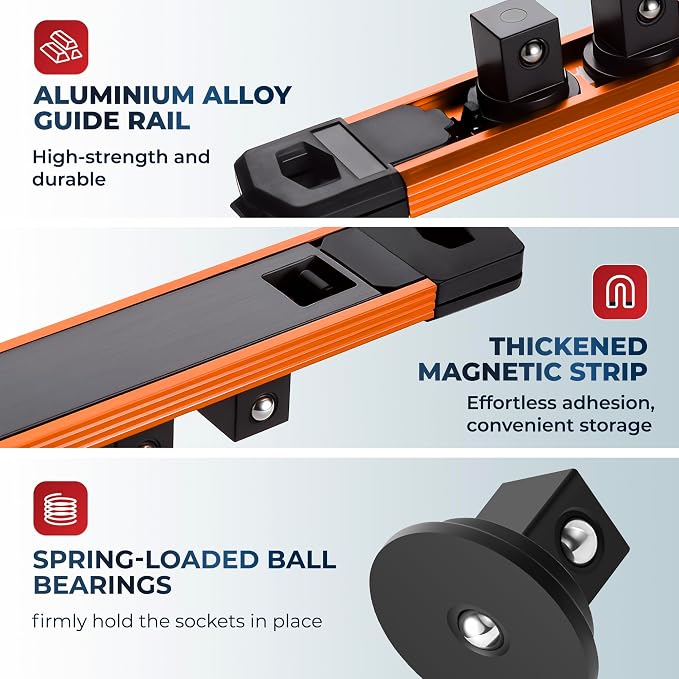 Reniteco Magnetic Socket Organizer, 1/4" Drive Aluminum Alloy Socket Rail, Heavy Duty Magnetic Socket Holder with 14PC 360° Swivel Removable Clips, Magnetic Socket Rack for Tool Box Drawer, Orange