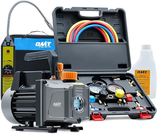Orion Motor Tech AC Vacuum Pump and Gauge Set, 1/3 hp 4 cfm Vacuum Pump Manifold Gauge Kit with Leak Detector 4 Hoses & Accessories for R134a R22 R410a, A/C Vacuum Pump Kit for Auto HVAC Systems