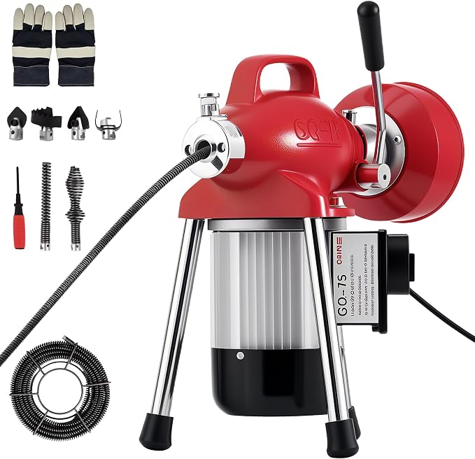 Professional Drain Cleaning Machine, Electric Sewer Snake Auger 500w 400RPM, Heavy-Duty Auto-Feed with 66Ft / 16Ft Cables & 6 Cutters for 3/4" to 4" Pipes for Sink Toilet Drainage