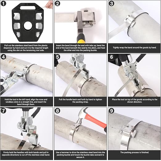 304 Stainless Steel Packaging Packing Machine Kit 3/4" x 100 ft Banding Coil, 100pcs Ear Lokt Buckles, 1pc Strapping Tensioner, 1pc Hammer, 1pc Pliers and One Pair of Gloves Included by LOCXVE