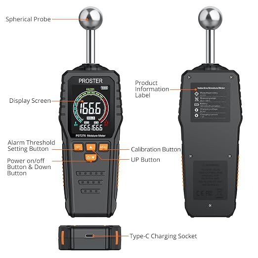 Proster Rechargeable Moisture Meter - Pinless Damp Meter for Walls with 2.4 inch Colour LCD Screen Sound Light Alarm Damp Detector Detects 5-40 mm Depth for Wood Building Cardboard Concrete