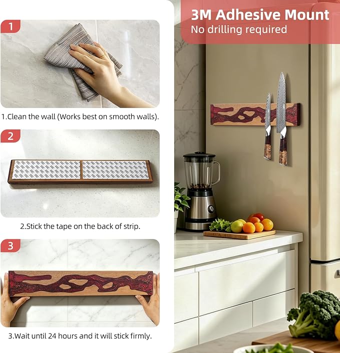 FINDKING Magnetic Knife Strip for Wall, Solid Acacia Wood with Deep Red Resin Inlay, Wall-Mounted Knife Holder with Strong Magnetic Hold, No-Drill Adhesive Mount (18 Inch)