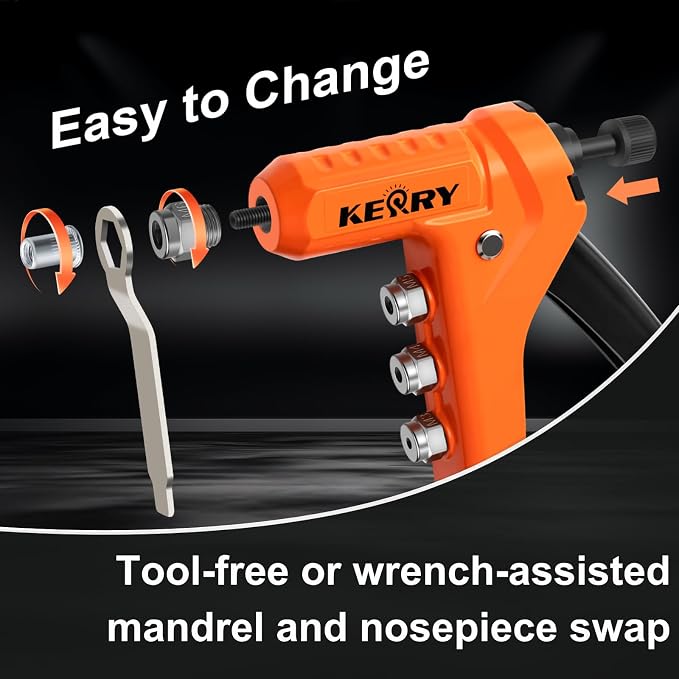 Kerry Rivet Nut Gun Tool, One-Handed Riveters 9.5" Rivnut Tool Kit with 8 Metric and SAE Mandrels 80PCS Rivet Nuts, 6-32 8-32 10-24 1/4-20 M3 M4 M5 M6 with Carrying Case Ideal for Automotive Work