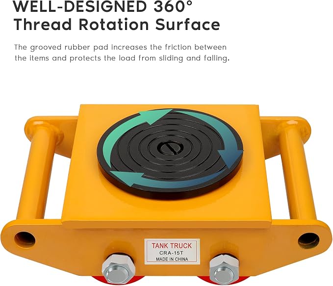 6T Heavy Duty Machine Dolly Skate with 360° Rotation Cap | for Industrial Moving Equipment, Yellow Carbon Steel PU Rollers, 13200lbs, 1pc