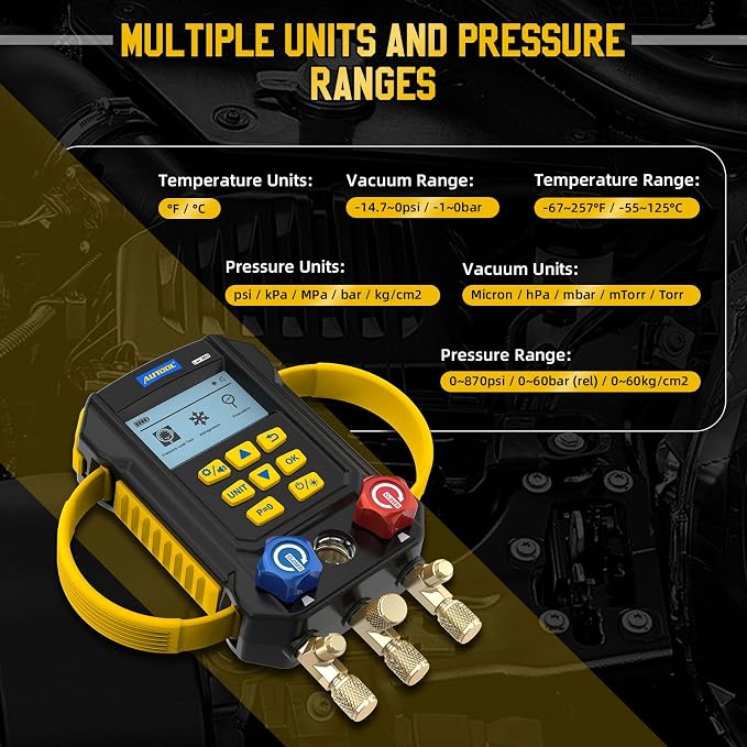 AUTOOL AC Manifold Gauge Set, Incl. 2X Pipe Clamp Thermometer, 1x Digital HVAC Gauge, Set of 3 Hoses – AC Gauge Set, with Evacuation Mode, Refrigerant Mode and Pressure Leak Test