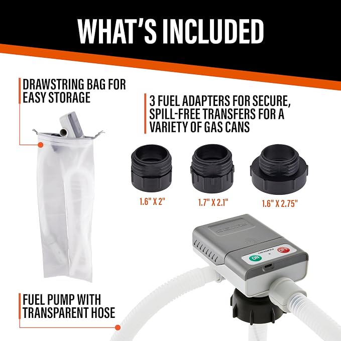 DeWay Fuel Transfer Pump for Gas Can with Basic Clip-On Nozzle | Fast 2.4GPM Flow Rate, Long 51” Tube, Easy 4 AA Battery Power & 3 Fuel Can Adapters for Gasoline, Kerosene, Diesel & Non-Potable Water