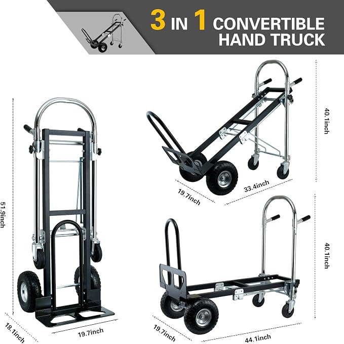 3 in 1 Industrial Convertible Hand Truck Dolly,Dolly Cart with Wheels 1000 Lbs Capacity,Appliance Dolly with Solid Wheels for Moving,Transport in Warehouses,Home,Factory,Supermarket (Black)
