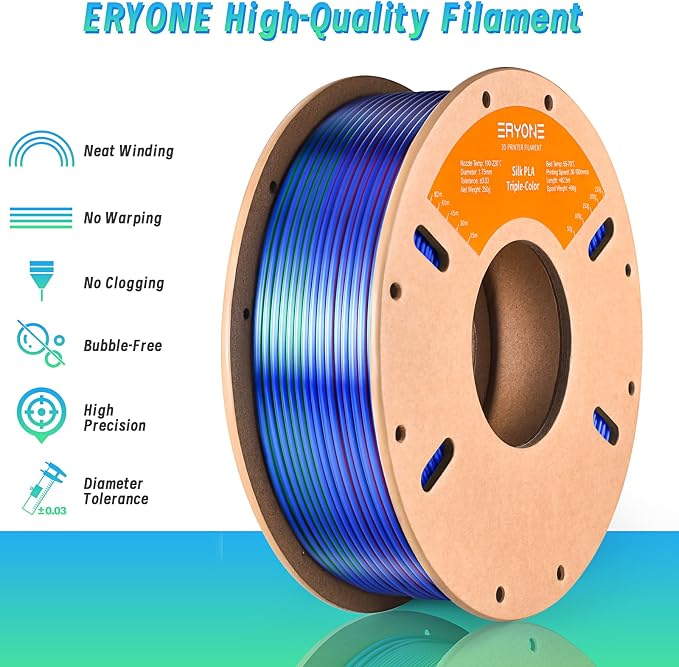 ERYONE PLA Filament 3D Printer Filament Multicolor 1.75mm +/- 0.03mm, PLA Filament 250g Spool, Silk Tri Color Red Blue Green