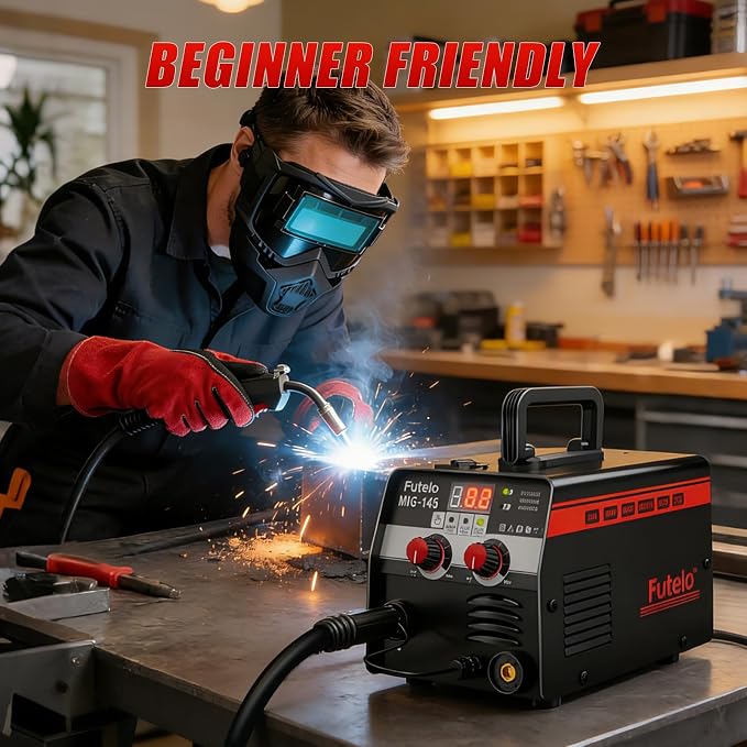 145A MIG Welder, 3 in 1 Flux Core Lift TIG Stick Welding Machine 110V IGBT Inverter Wire Feed Welder with Synergy Control, Welding Helmet and Gloves