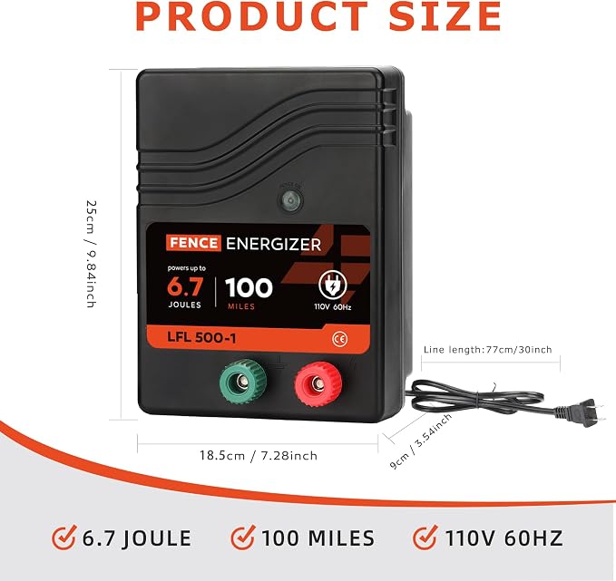 Electric Fence Charger AC Powered 100 Miles 300 Acres, 110 Volt 6.7 Joule Plug-in Electric Fence Energizer, Output Voltage Max 10.2 kV for Livestock, Preventing Predators from Intruding
