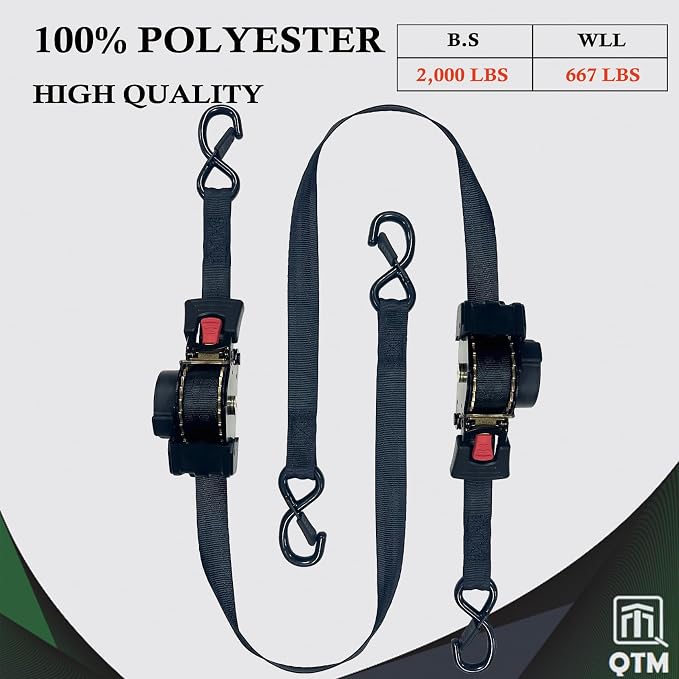 QTM 4-Pack Black Retractable Ratchet Straps 1" x10' with Soft Loops, Heavy Duty, 2,000lbs Breaking Strength, with Storage Bag, Best for Cargo, Truck, Bicycle, Motorcycle
