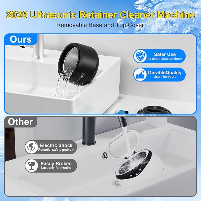 2026 Ultrasonic Retainer Cleaner Machine, Removable Base and Top Cover Black | 12 Months Warranty, 6.1OZ Container, 42000Hz, Low-noise, Fits Long Beauty Tools, Deep Cleaning without Scratching / Deforming
