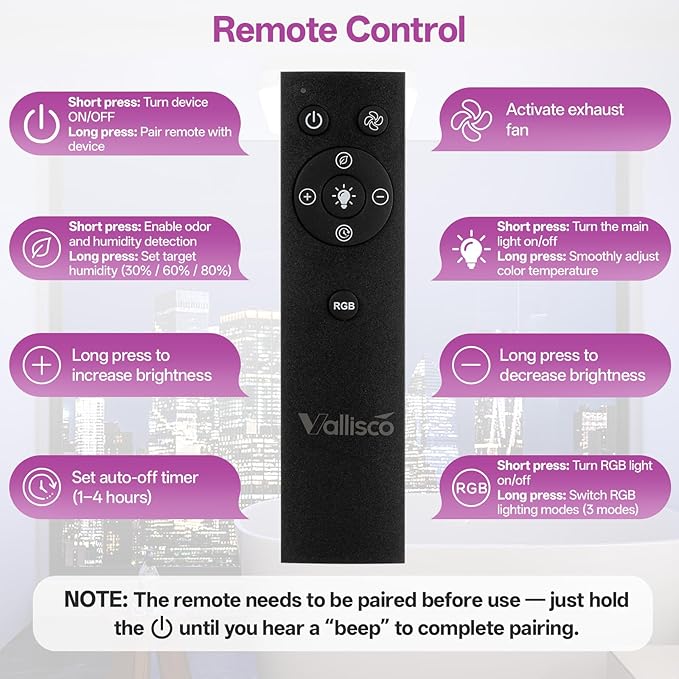 VallisCo Bathroom Exhaust Fan with Light, Odor & Humidity Sensors, 230 CFM Quiet Bathroom Ceiling Fan with Remote, Timer, 3 Dynamic RGB Lights, 2700K–6500K Dimmable, Wall/Ceiling Mount (Ocean Mist)