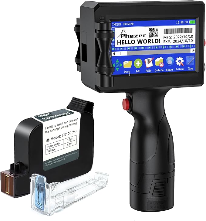 Phezer P15 Handheld Inkjet Printer for Flat Surface 0.5 Inch Nozzle for QRCode Barcode Production Date Time Logo Batch Number Print On Glass Bag Carton Box Wood Cloth Plastic Cable (25 Languages)