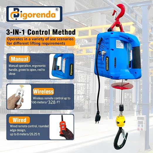3-in-1 Electric Hoist Winch,1100lb Capacity, Portable Electric Power Winch with Wire Wireless Remote Control,110V Electric Hoist Crane,26FT Lifting Height,for Warehouse,Garage,Lifting Towing