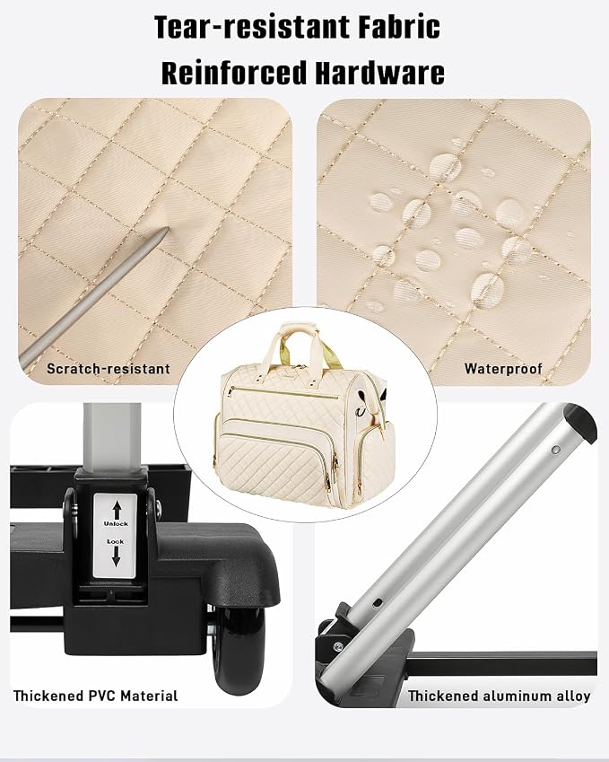 Rolling Teacher Bag, 16 Inch Rolling Laptop Bag with Detachable Dolly & Teacher File Tote, Large Roller Briefcase for Teaching Office Work, Women, Craft Nurse,Beige