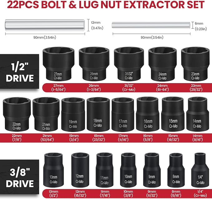 22PCS Bolt Extractor Set, 1/2" and 3/8" Drive Easy Out Stripped Locking Lug Nut Removal Tool, Ez Out Wheel Lock Remover Kit for Extracting Damaged, Broken, Rusted Nuts & Screws(Red)
