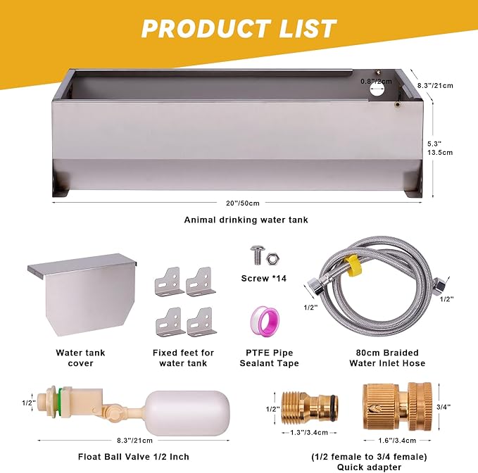 Automatic Livestock Water Trough Stainless Steel Animal Drinking Water Bowl Dispenser with Float Valve Kit Large Capacity Outdoor Animal Self Filling Horse Trough for Dog Horse Pig Cow Goat