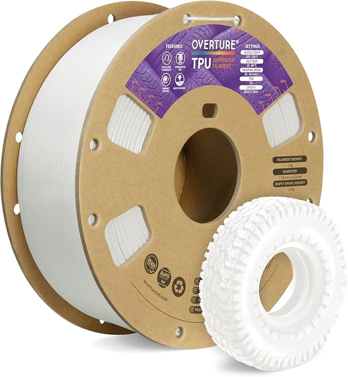 OVERTURE TPU 95A Flexible 3D Printer Filament 1.75mm | High Elasticity & Durability Filament,1kg Spool(2.2lbs),Fit Most FDM Printer(1KG TPU White)