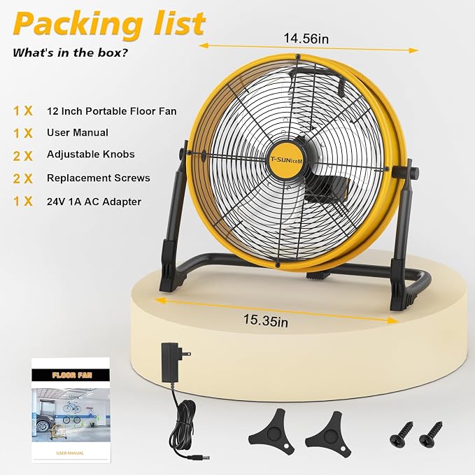 12 " Battery Operated Floor Fan Compatible with Dewalt 20V Max Battery, High Velocity AC DC Portable Fan with USB Output, Metal Blade Cordless Jobsite Fan for Garage, Camping, Workshop, Emergency Use