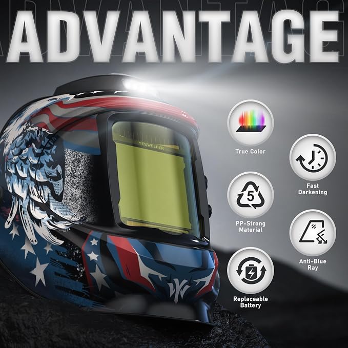 YESWELDER True Color Auto Darkening Welding Helmet with Rechargeable Fan and Light, 3.93"X3.66"Large View Blue Light Blocking Hood, 4 Arc Sensor Adapts to Stick, MIG, TIG & Plasma