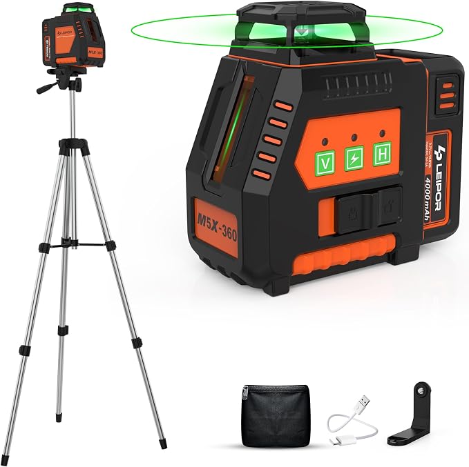 360° Laser Level with Tripod, LP LEIPOR Self Leveling Laser Level with Pulse Mode, 3 Brightness Levels Rechargeable Li-ion Battery Green Line Laser Leveler Tool for DIY Indoor Project