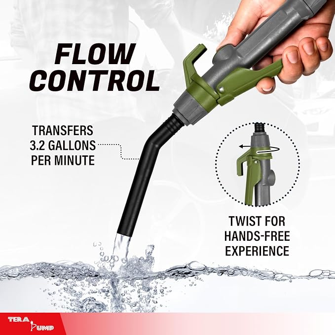 TERA PUMP [2nd Gen] Fuel Transfer Pump with Quick Flow Control Nozzle & Telescopic Tube, Cordless Portable Transfer Pump, 4.9 FT Hose for Gas, Diesel, Kerosene & Non-Potable Water, Up to 3.2 GPM