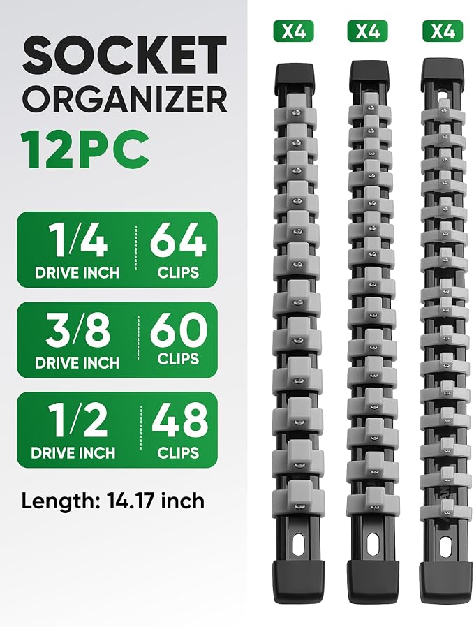 ALOANES 12PC Socket Organizer, Socket Rails Fit 1/2", 1/4" and 3/8" Drive | Heavy Duty ABS Socket Holders Hold up 172 Sockets for Mechanics Toolbox Drawer Bags(Grey)