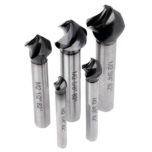 Countersink Drill Bit Set, 5 Pieces M2 High Speed Steel with 82 Degree, 3 Spiral Flutes, Tri-Flat Shank, Cutter Bit Countersink in Size 1/4" 3/8" 1/2" 5/8" 3/4" for Wood, Metal, Plastic...