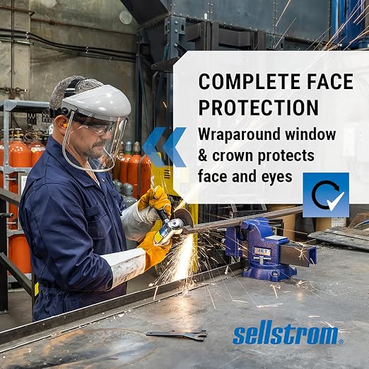Sellstrom Advantage Face Shield - Lightweight, High Impact, Polycarbonate Window with Reinforced Aluminum Binding, Protective Crown & Adjustable Ratchet Headgear, for Grinding, Cutting - ANSI Z87.1
