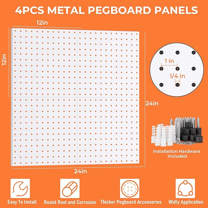 INCLY 70PCS Metal Peg Board Kit with 1/4" Pegboard Accessories, 4 Pack White Pegboard Panels, Bins, Cups and Peg Board Hooks, Paper Towel Holder, Pegboard Wall Organizer for Craft Room, Office, Sewing