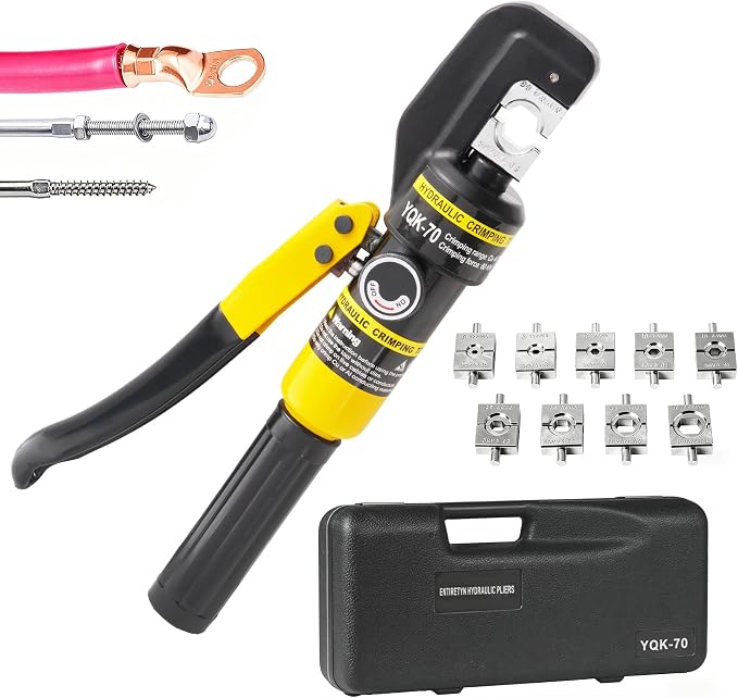 10 Ton Hydraulic Crimping Tool, 12 AWG to 2/0 AWG Hydraulic Crimper with 9 Dies, for Wire Rope, Copper Lugs, Ring Terminals, Electrical Connectors