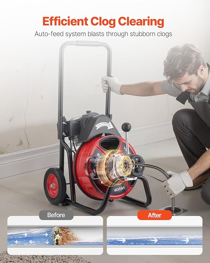 VEVOR Drain Cleaner Machine 100 FT x 1/2 Inch, Auto Feed Sewer Snake Auger on Wheels, Portable Drain Cleaning Machine with 4 Cutters & Air-activated Foot Switch for 2" to 6" Pipes