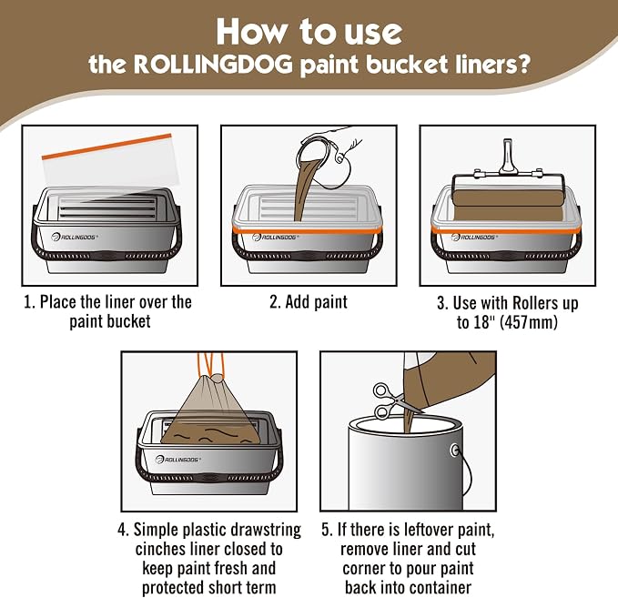 ROLLINGDOG 18 Inch Disposable Paint Bucket Liners- 18" Paint Bucket Liners with Drawstring, Exclusively Used with ROLLINGDOG 5 Gallon Bucket for Interior or Exterior Home Improvement (Pack of 5)