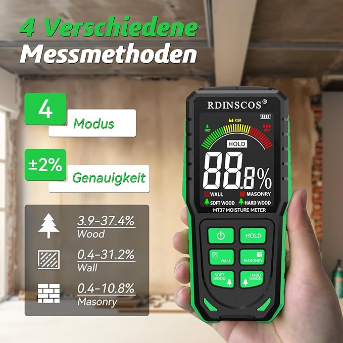 RDINSCOS Pinless Moisture Meter for Wall Digital Wood Moisture Detector | Rechargeable, Color Display, Audible Alarm, Non-Destructive, For Wall, Masonry, Wood, Building Material