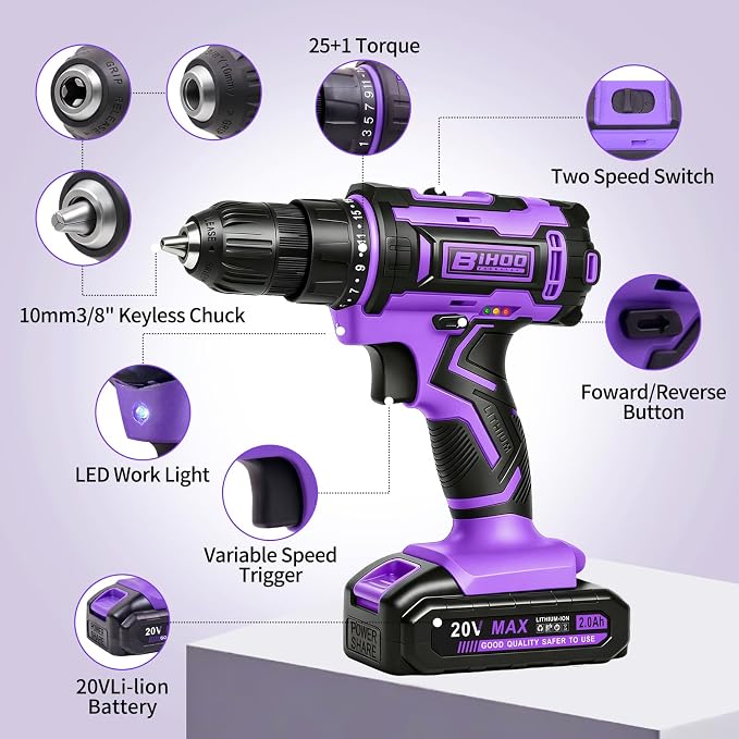 Purple Cordless Drill Set,20V Drill Driver with Battery and Charger,3/8-Inch Keyless Chuck, Variable Speed,with Drills Bits Set